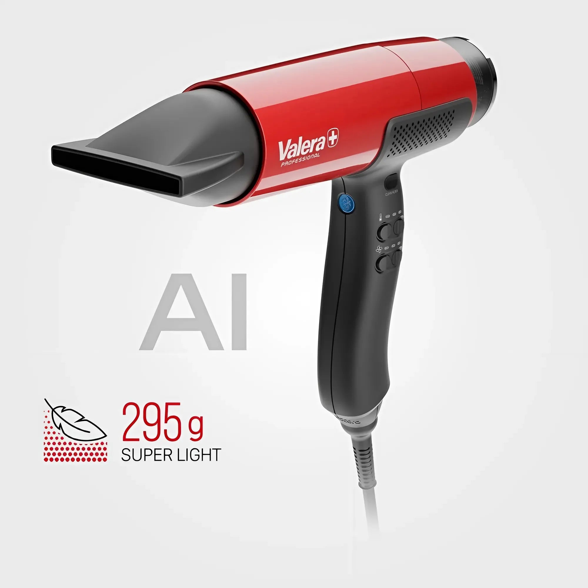 MatrixCare AI föhn in rood met zwart, met tekst ‘295 gr super light’ op witte achtergrond