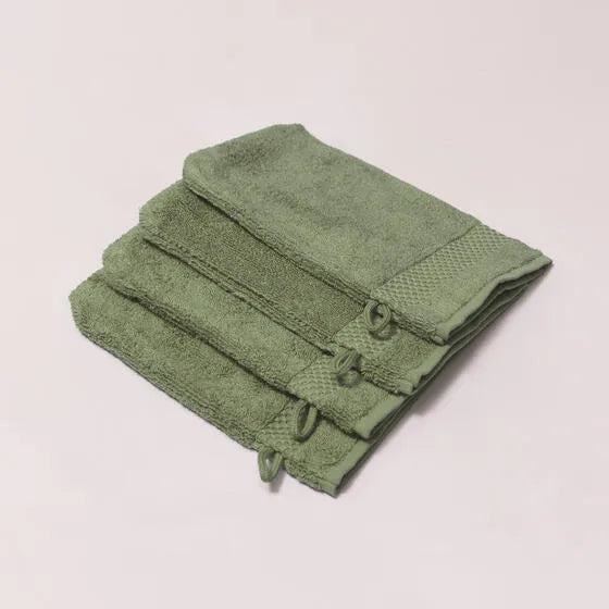 Luxe groen Florence washandjes (4 stuks) van 100% GOTS-katoen, 600 g/m², hoge kwaliteit, zacht en absorberend.