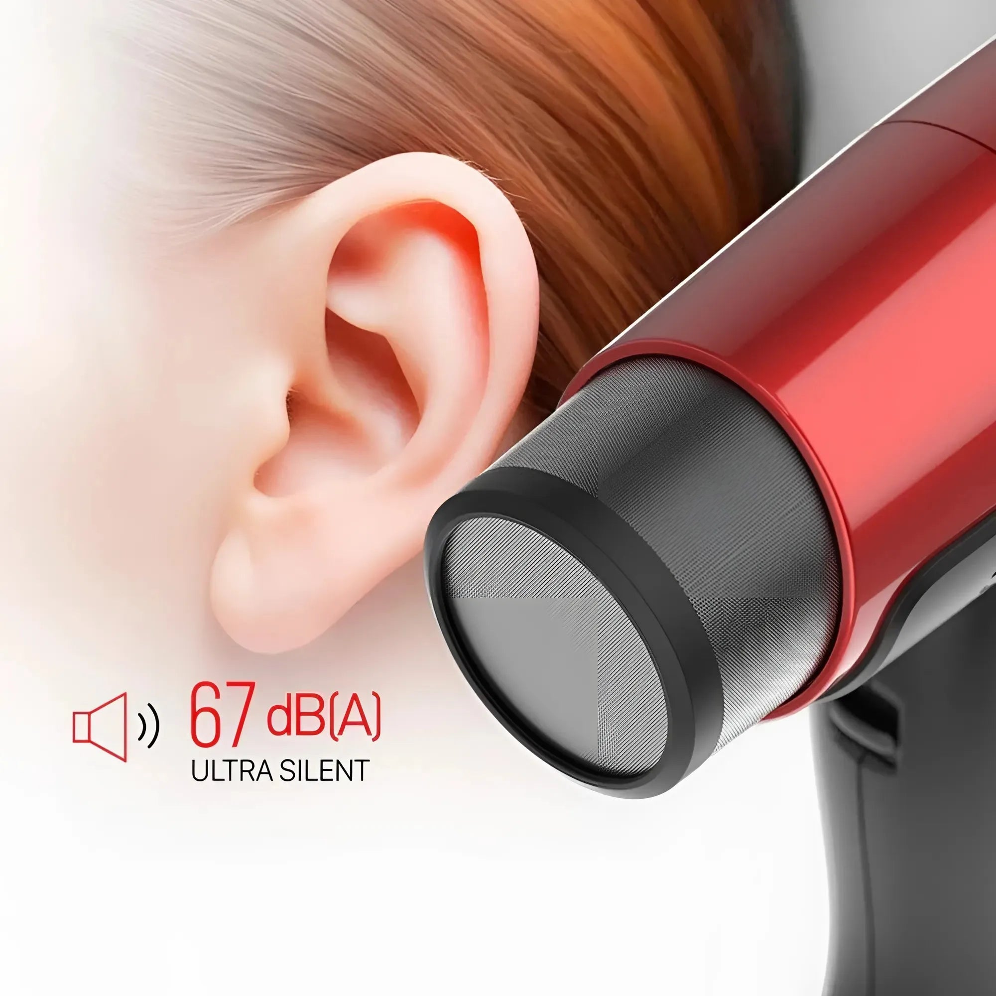 Illustratie van oor met MatrixCare AI föhn en tekst ‘67 dB Ultra Silent’ ter aanduiding van geluidsniveau