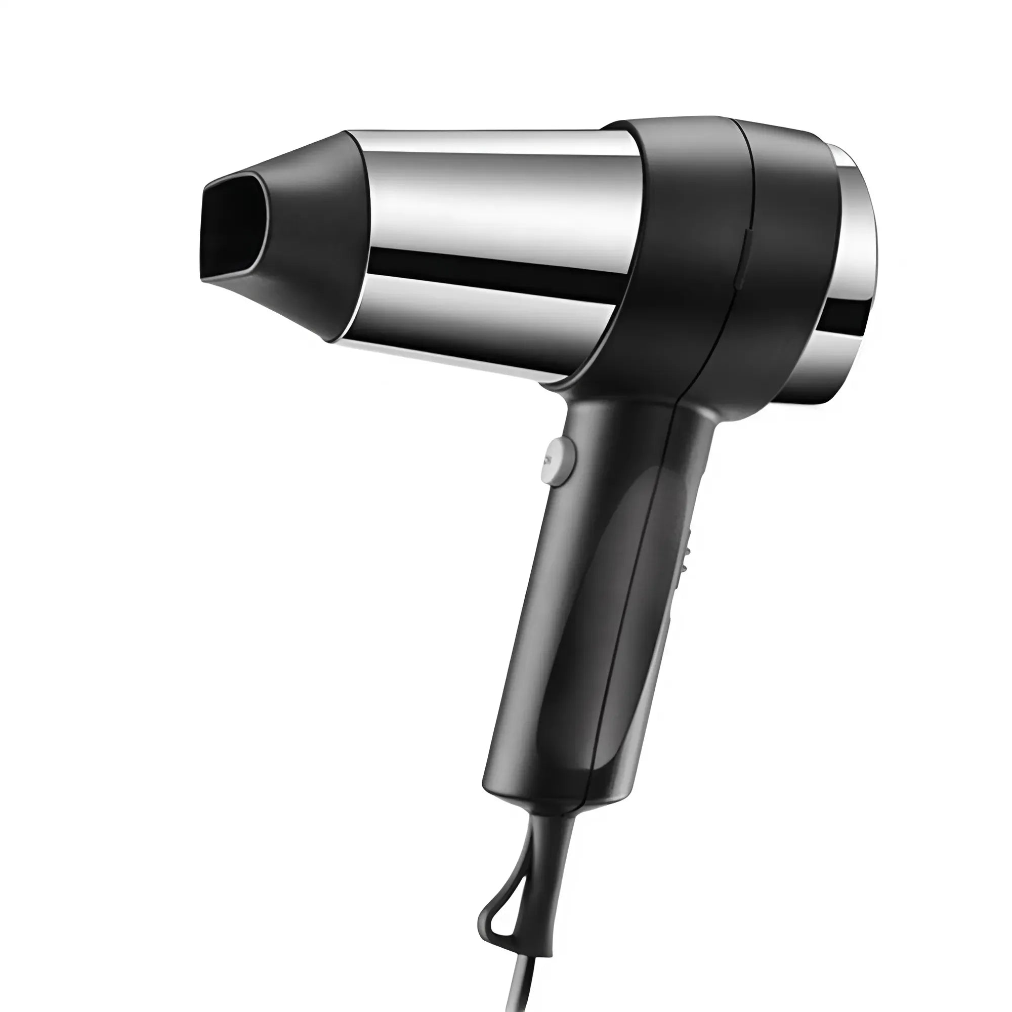 Zwarte haardroger Action Super Plus met chroomaccenten in zijaanzicht op een witte achtergrond