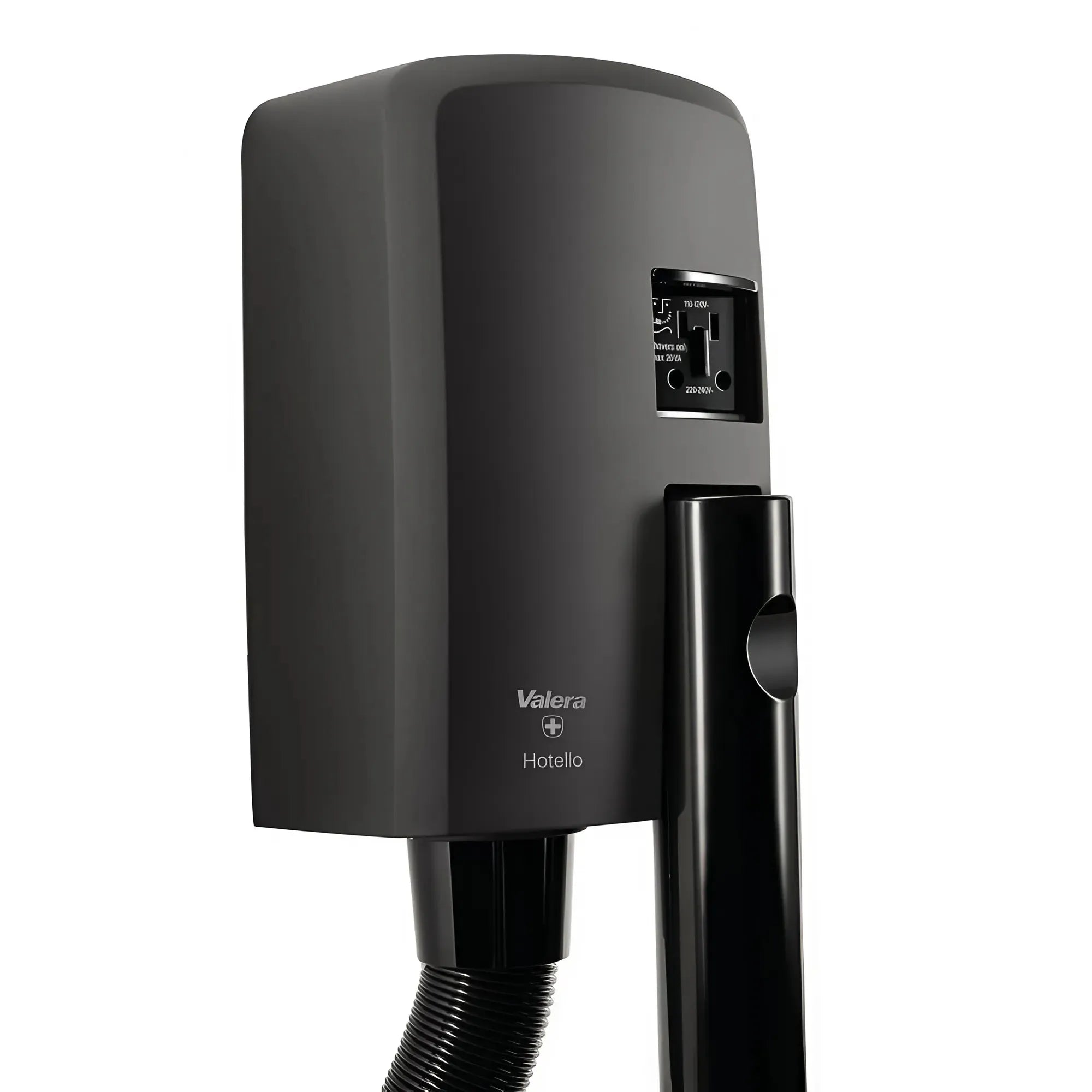 Zwarte wandhaardroger Hotello Shaver close-up met zichtbaar mondstuk en ingebouwde scheerstopcontact