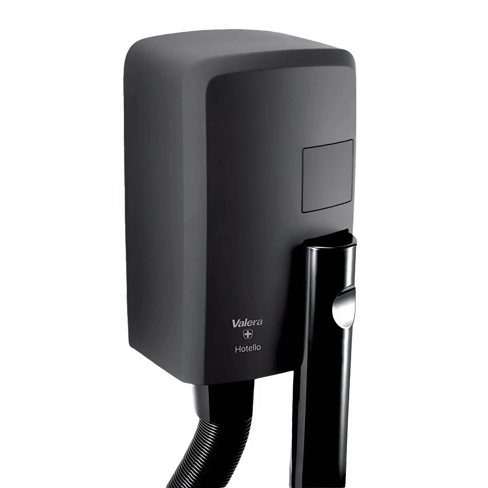 Zwarte wandhaardroger Hotello close-up met zichtbaar mondstuk, zonder scheerstopcontact