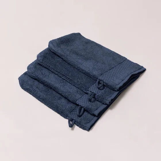 Luxe marineblauw Florence washandjes (4 stuks) van 100% GOTS-katoen, 600 g/m², hoge kwaliteit, zacht en absorberend.